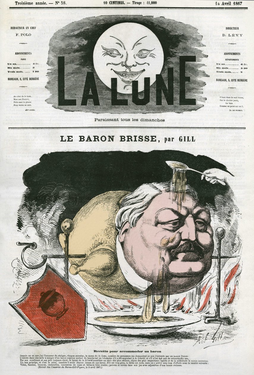 フランスの美食ジャーナリスト、バロン・ブリス（1813-1876）の肖像。ギルの漫画（『月』4月14日付 作： アンドリュー・ギル