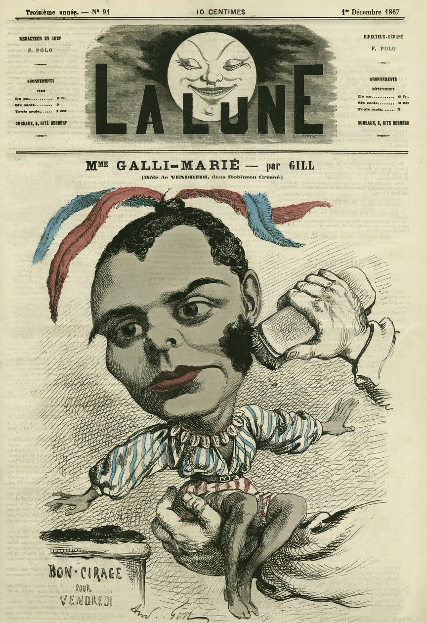 オペラ・コミック座のフランス人歌手、セレスティン・ガリ＝マリー（ガリ・マリー）（1840-1905）の肖像。ギルによる漫画、「La Lune」12月1日号掲載 作： アンドリュー・ギル