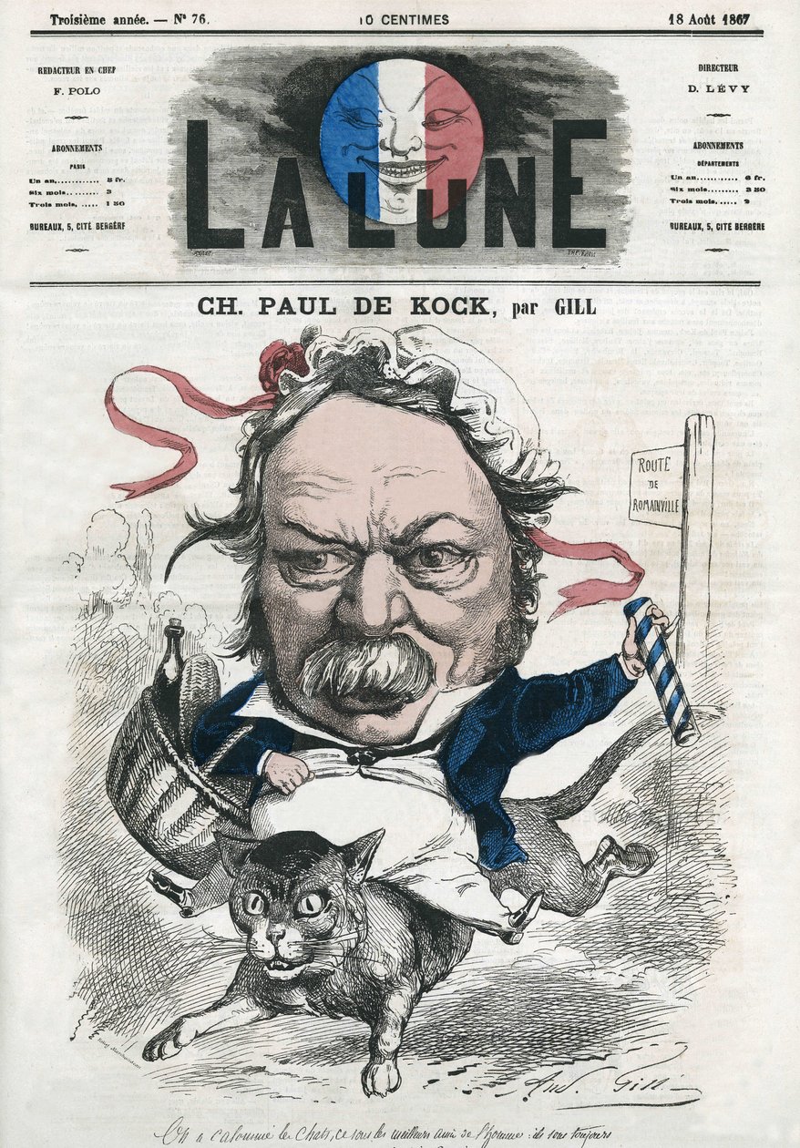 フランスの大衆小説家、シャルル・ポール・ド・コック（1793-1871）の肖像。ギルによる漫画（『月』8月18日付 作： アンドリュー・ギル