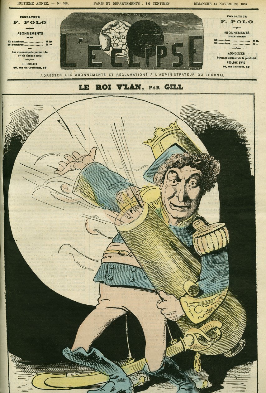 ジャック・オッフェンバックの舞台「Le voyage dans la lune」でヴラン王を演じたフランス人歌手、クリスチャン（1821-1889）の肖像。11月14日付ギル社「L