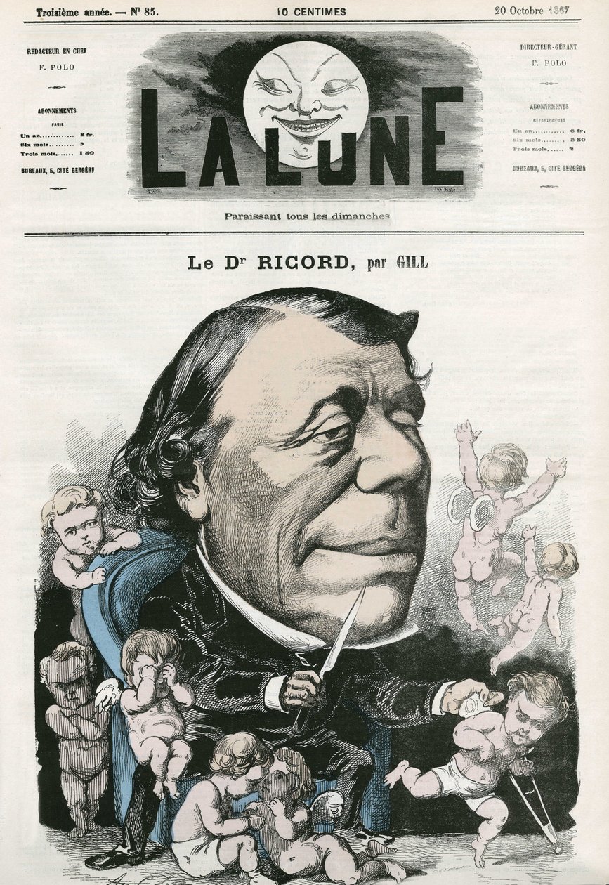 フランス人医師リコルドの肖像。ギルの漫画、「La Lune」10月20日号掲載 作： アンドリュー・ギル