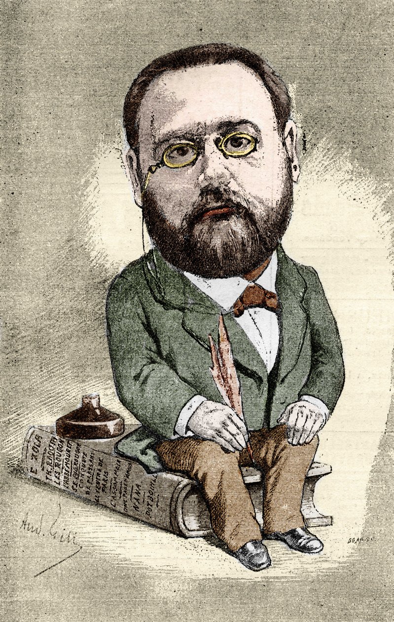 エミール・ゾラ（1840-1902）フランスの作家の肖像。アンドレ・ギルによる「Illustrious World」のための漫画。 作： アンドリュー・ギル