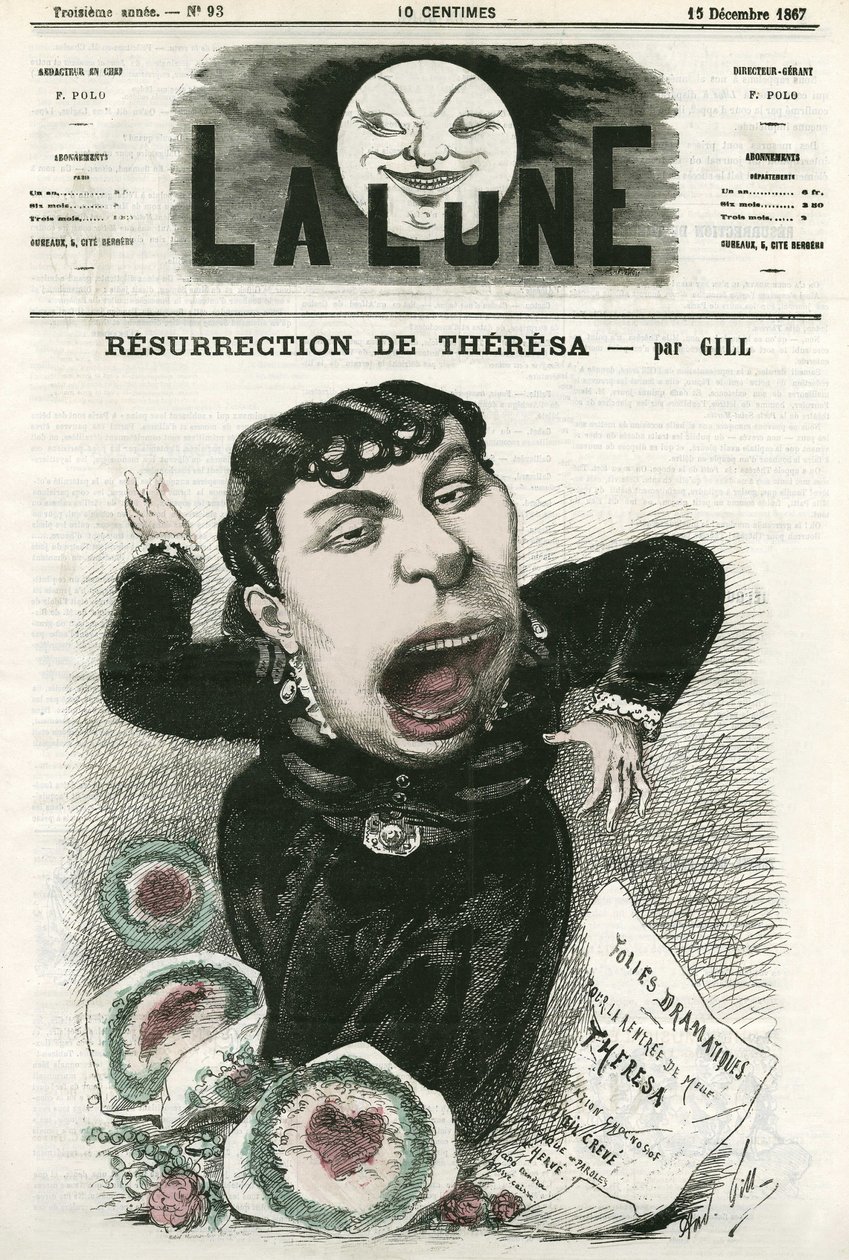 フランスのオペレッタ歌手、Emma Valladon dit Theresa（1837-1913）の肖像。ギルによる漫画（「La Lune」12月15日号掲載 作： アンドリュー・ギル