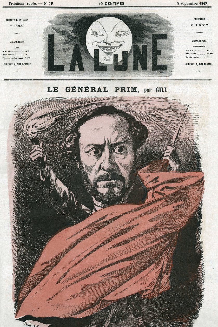 スペインの軍人・政治家であるフアン・プリム将軍（1814-1870）の肖像。ギルの漫画（『月』9月8日付 作： アンドリュー・ギル