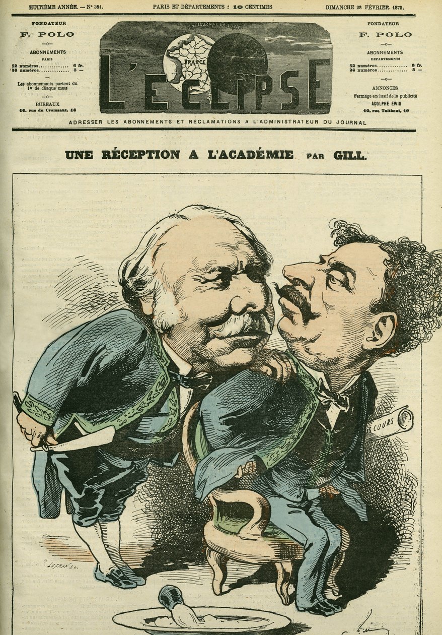 フランスの政治家・外交官であるジョセフ・ドーソンヴィル（1809-1884）とフランスの劇作家・小説家であるアレクサンドル・デュマ・ジュニア（1824-1895）の肖像。表紙は2月25日付ギル社「日蝕」にて 作： アンドリュー・ギル