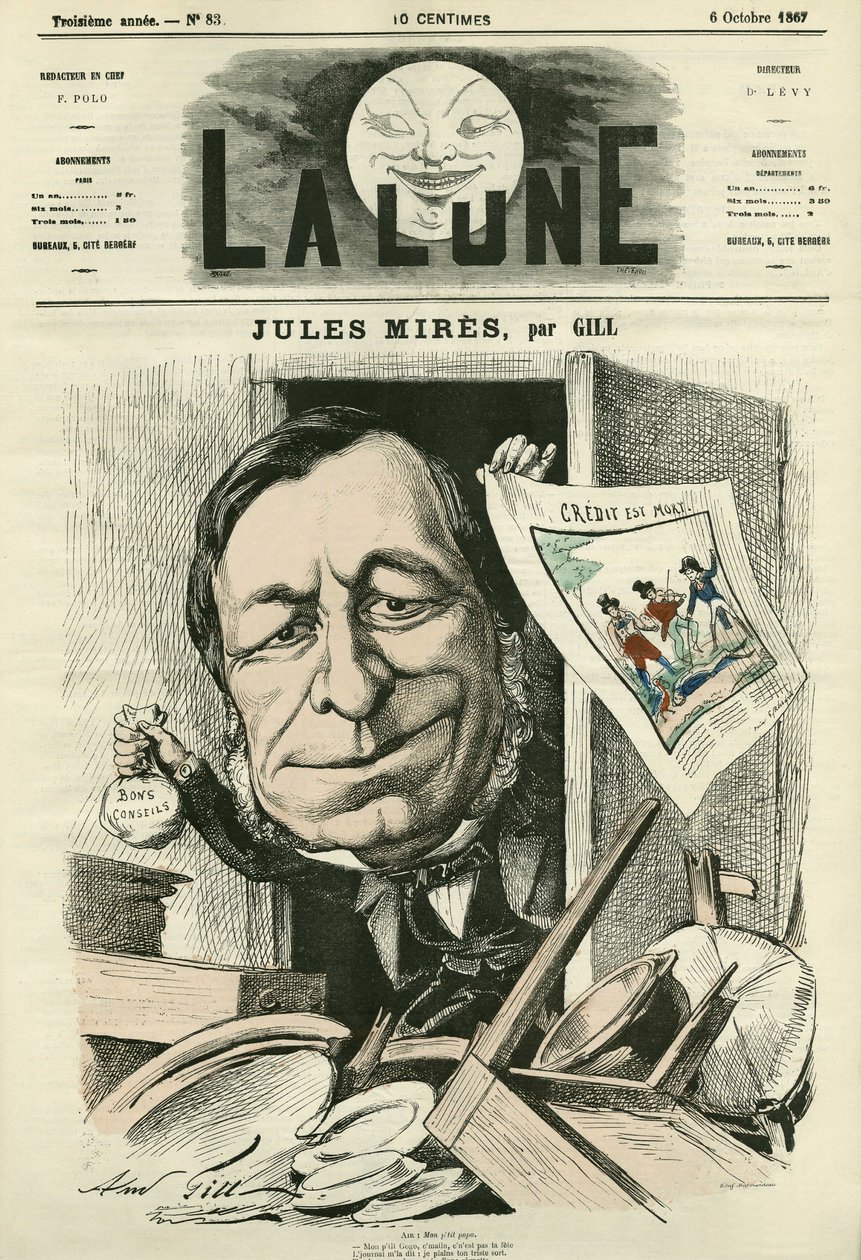 フランスの実業家、ジュール・ミレス（1809-1871）の肖像。ギルによる漫画（『月』10月6日号掲載 作： アンドリュー・ギル
