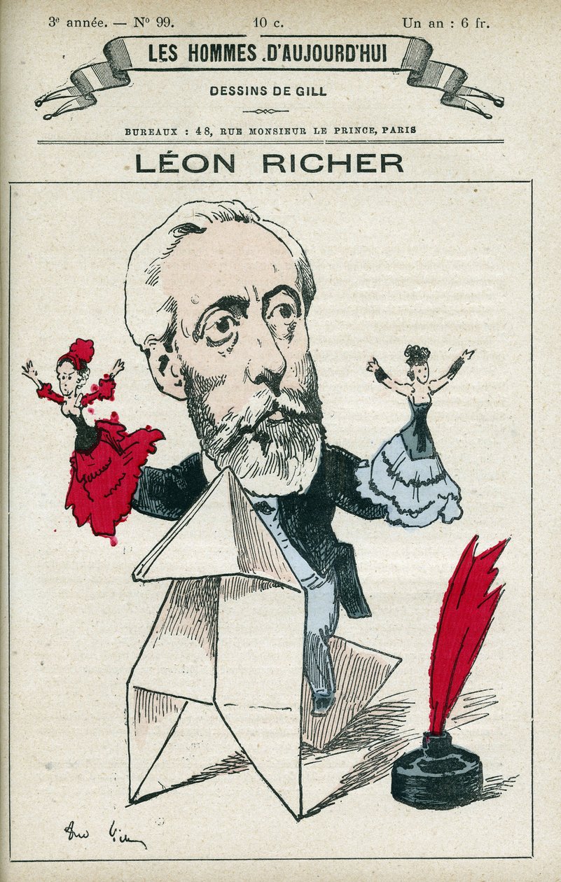 フランスのジャーナリストであり知識人でもあったレオン・リッチャー（1824-1911）の肖像。彼は1882年に「女性の権利を考える会」と「女性の権利を考えるリーグ・フランセーズ」を設立しました。パリのギル社による漫画。 作： アンドリュー・ギル