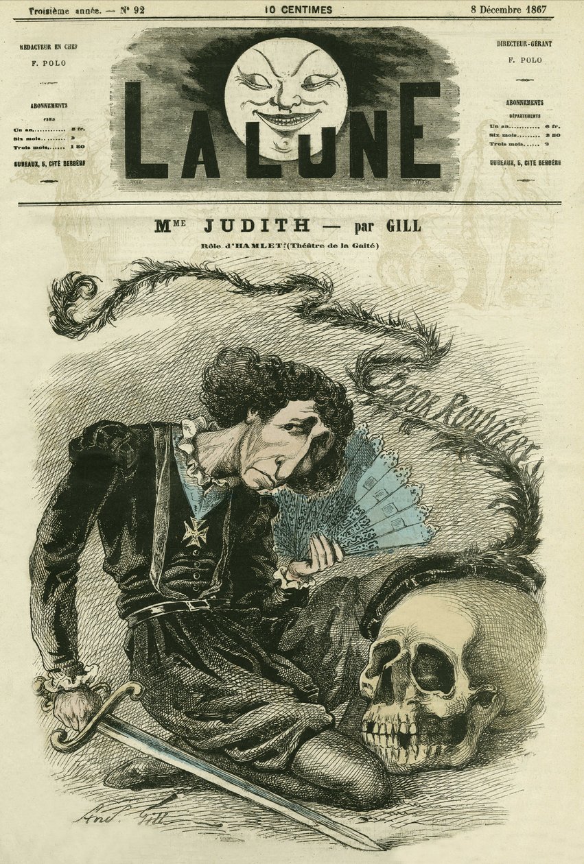フランスの女優ジュディット夫人（1827～）の肖像。ギルの漫画、「La Lune」12月8日号掲載 作： アンドリュー・ギル