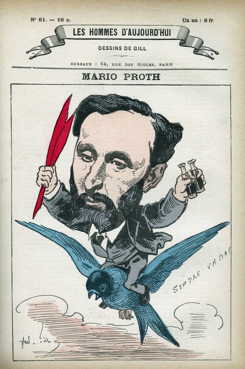 フランスの作家、文芸評論家、広報担当者であるマリオ・プロス（1832-1891）の肖像。パリ、ギルによる漫画。 作： アンドリュー・ギル