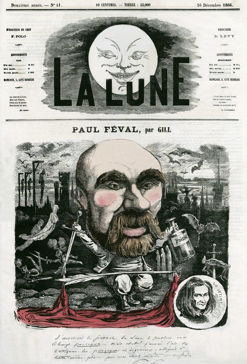 フランスの作家、ポール・フェヴァル（1816-1887）の肖像。ギルによる漫画（「La Lune」12月16日号掲載 作： アンドリュー・ギル