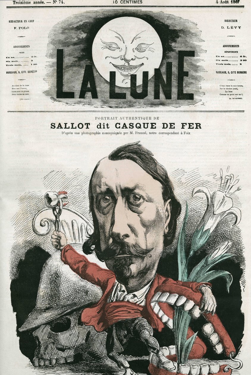 鉄の兜」として知られるサロの肖像。ギルによる風刺画（8月4日付「La Lune」掲載 作： アンドリュー・ギル