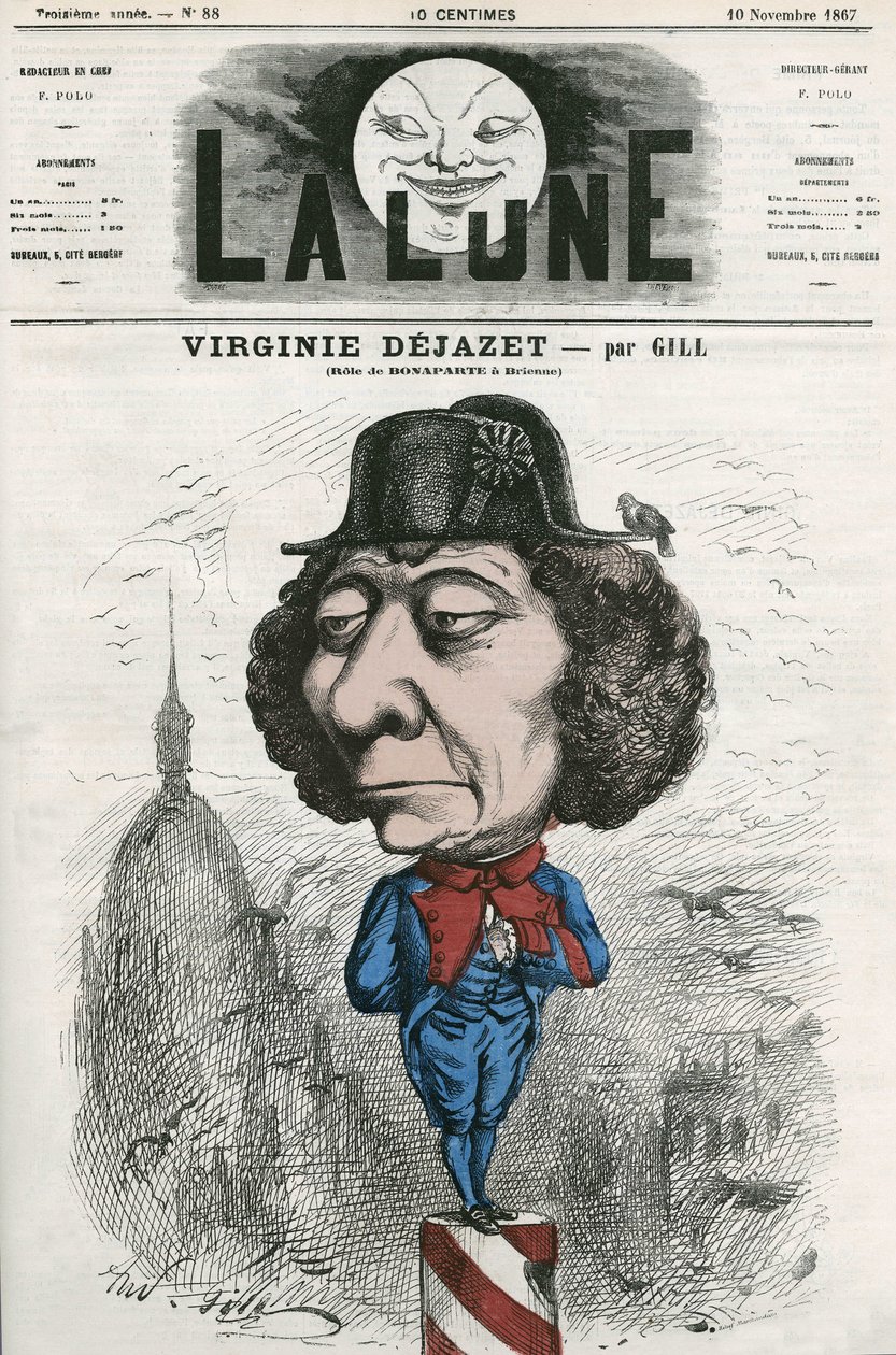 ボナパルト役のフランス人女優、ヴィルジニー・デジャゼ（1798-1875）の肖像。ギルの漫画、「La Lune」11月10日号掲載 作： アンドリュー・ギル