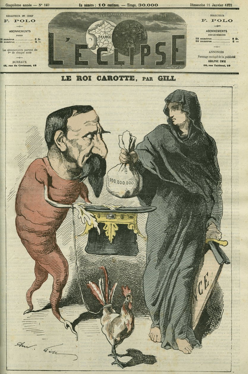 ニンジン王、ナポレオン3世（1808-1873）は、1870年のセダン敗戦まで、フランスの共和国大統領であり皇帝であった。1月21日付ギル社「L