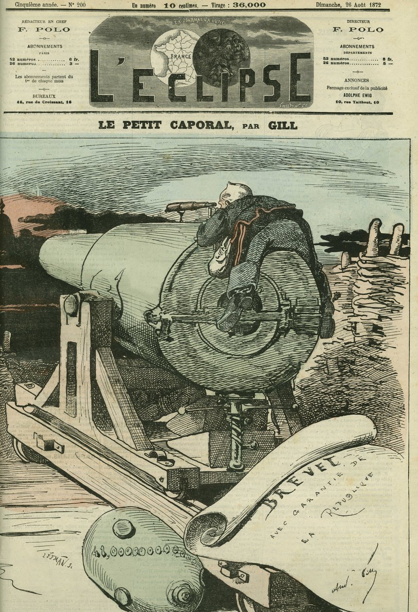 小さな伍長、アドルフ・ティエール（1797-1877）、フランスの歴史家、政治家。8月26日付ギル社「日蝕」の表紙 作： アンドリュー・ギル