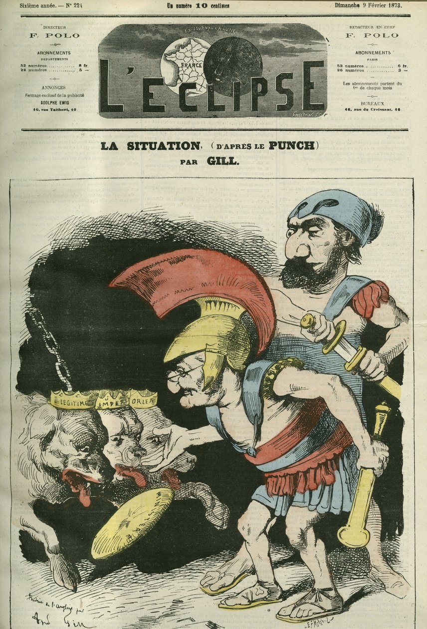 アドルフ・ティエール（1797-1877）とレオン・ガンベッタ（1838-1882）が王党派とボナパルティストの犬に聖職を与えている状況を描いた漫画。2月9日付ジルの「L