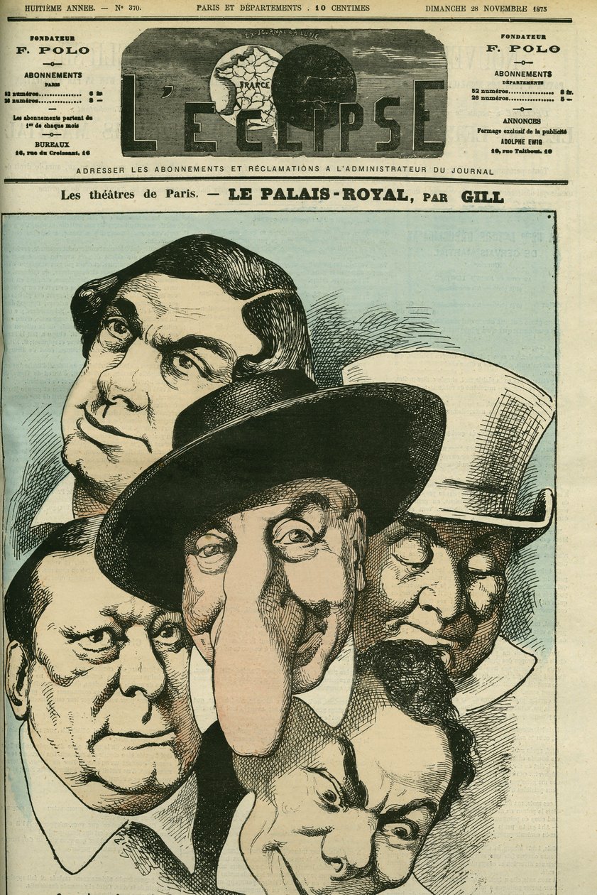 Geoffroy、Jules Brasseur（1829-1890）、Hyacinthe、Lassouche、Lheritierなどのフランス人俳優が出演する劇場「Le Palais royal」。11月28日付ギル社「日食」の表紙 作： アンドリュー・ギル