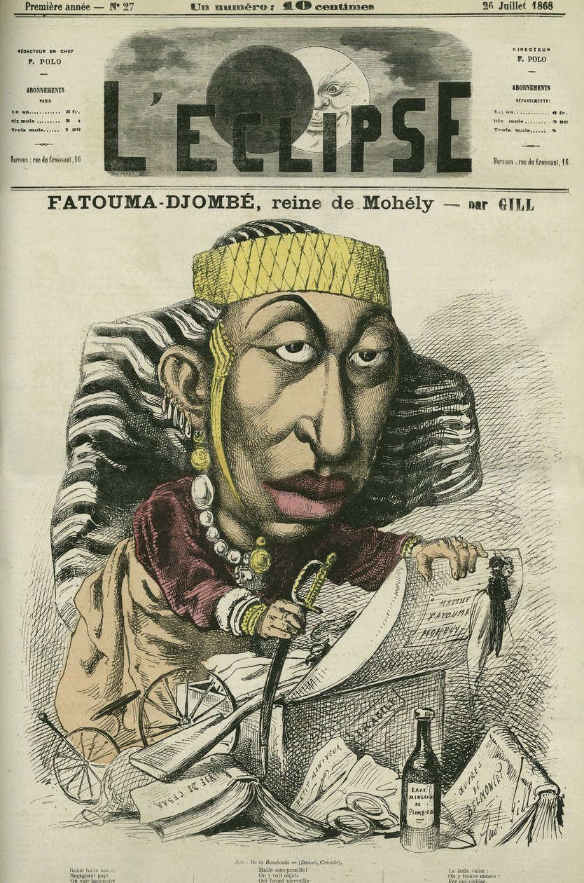 ゾンベ・ファトゥム(Zombe Fatoum)(1836-1878)は、コモロのモヘリの女王で、1868年にフランスを訪れました。彼女は「ゾンベ・ファトゥマ（Djombe-Fatouma）」、「ジュンベ・ファトゥマ（Jumbe-Fatouma）」、「ジュンベ・ファティマ（Jumbe-Fatima）」とも呼ばれています。7月26日付ギル社「L