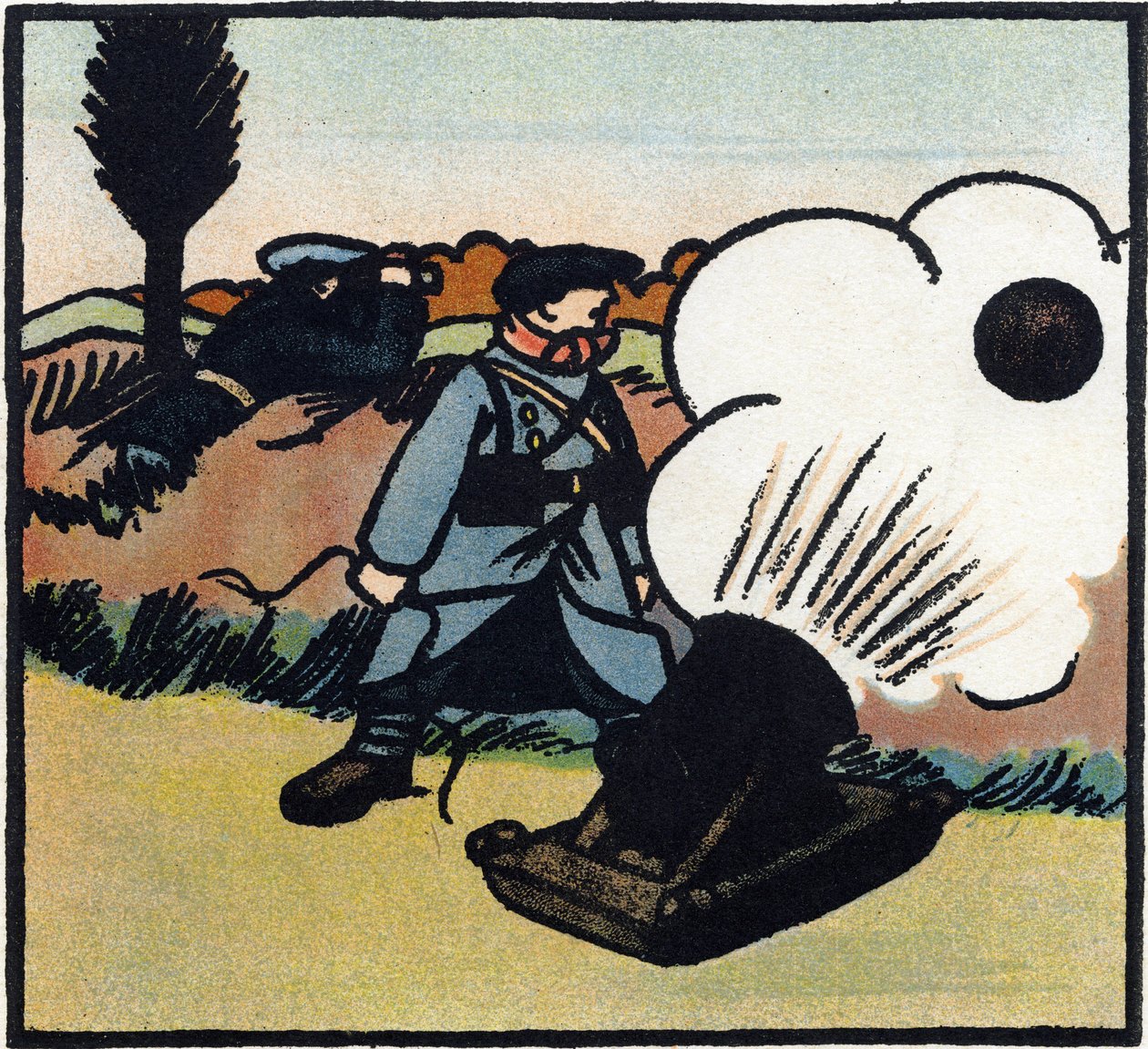 第一次世界大戦1914-1918（14-18）：爆弾発射装置。大砲で敵に爆弾を飛ばすフランス兵。Alphabet of the Great War 1914-1916 (for the children of our soldiers)』のエングレーヴィング。ベルジェ＝ルヴロー版 作： アンドレ・ヘレ