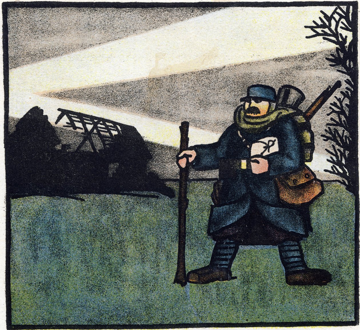 第一次世界大戦1914-1918（14-18）：毛深い。リュック、バッグ、ライフルを背負った軍服姿のフランス軍兵士の肖像。Alphabet of the Great War 1914-1916 (for the children of our soldiers)』のエングレーヴィング。ベルジェ＝ルヴロー版 作： アンドレ・ヘレ