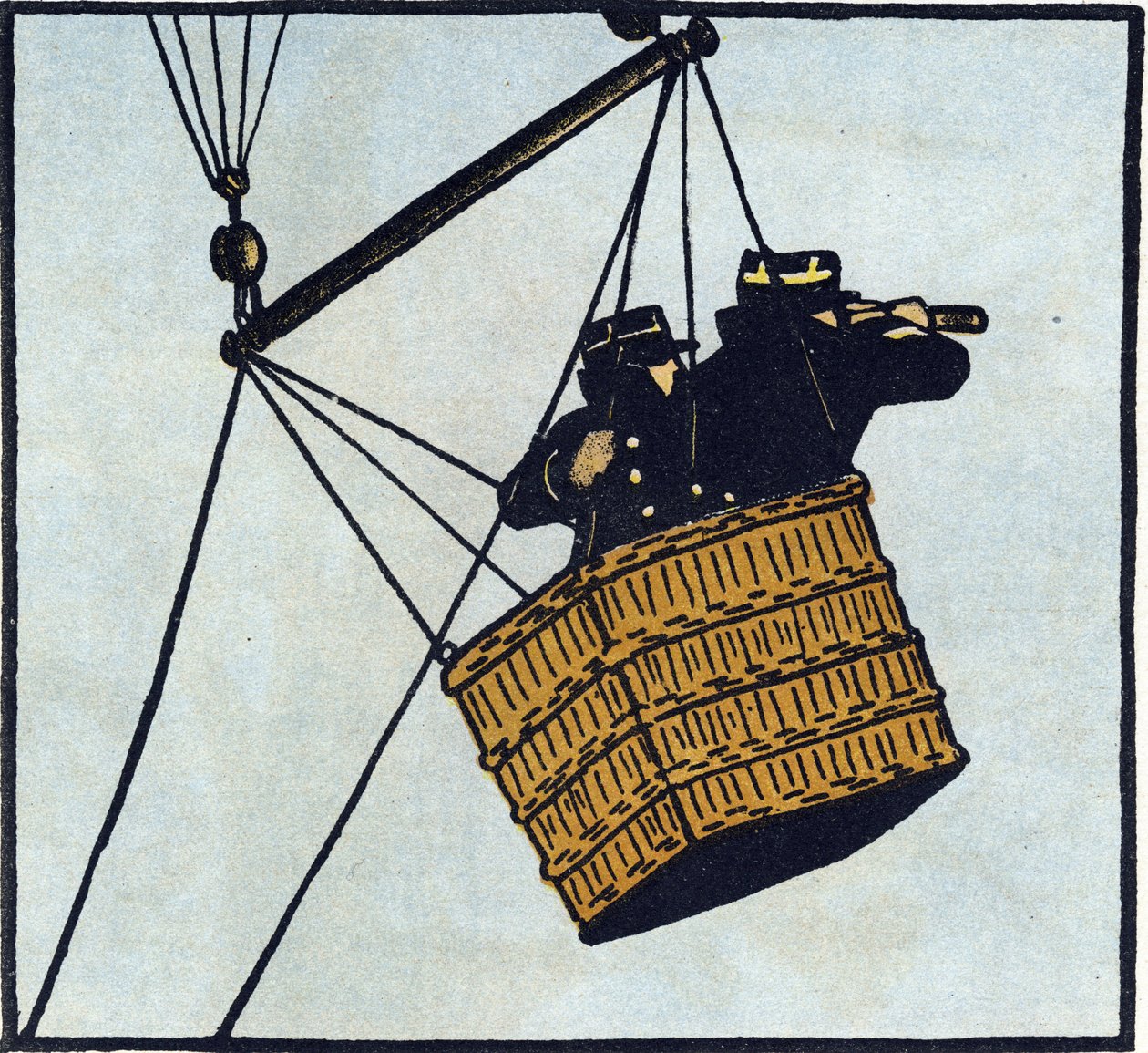 第一次世界大戦1914-1918（14-18）：捕虜となった気球に乗って敵を発見しようとするフランス軍の観測隊員（観測所）。Alphabet of the Great War 1914-1916 (for the children of our soldiers)』のエングレーヴィング。ベルジェ＝ルヴロー版 作： アンドレ・ヘレ