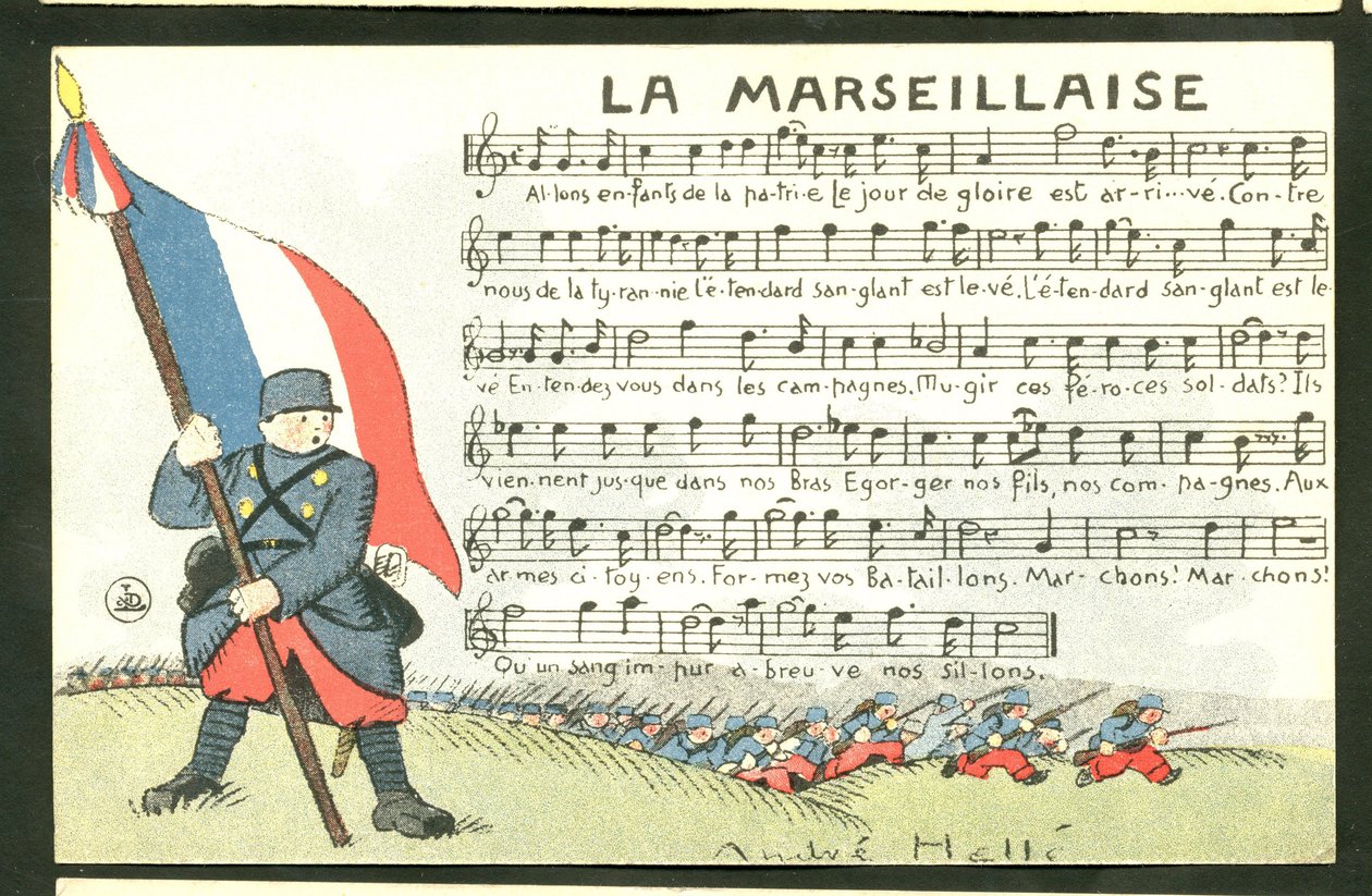 ポストカード、風刺的な色彩：アンドレ・ヘル（1875-1945）による「ラ・マルセイエーズ-14～18年戦争」、マルセイエーズ、歌のイラストレーション 作： アンドレ・ヘレ