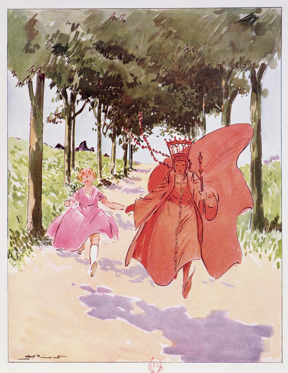 アリスと赤の女王、ルイス・キャロル作「不思議の国のアリス」の挿絵、Editions Delagrave、パリ 作： アンドレ・ペクッド