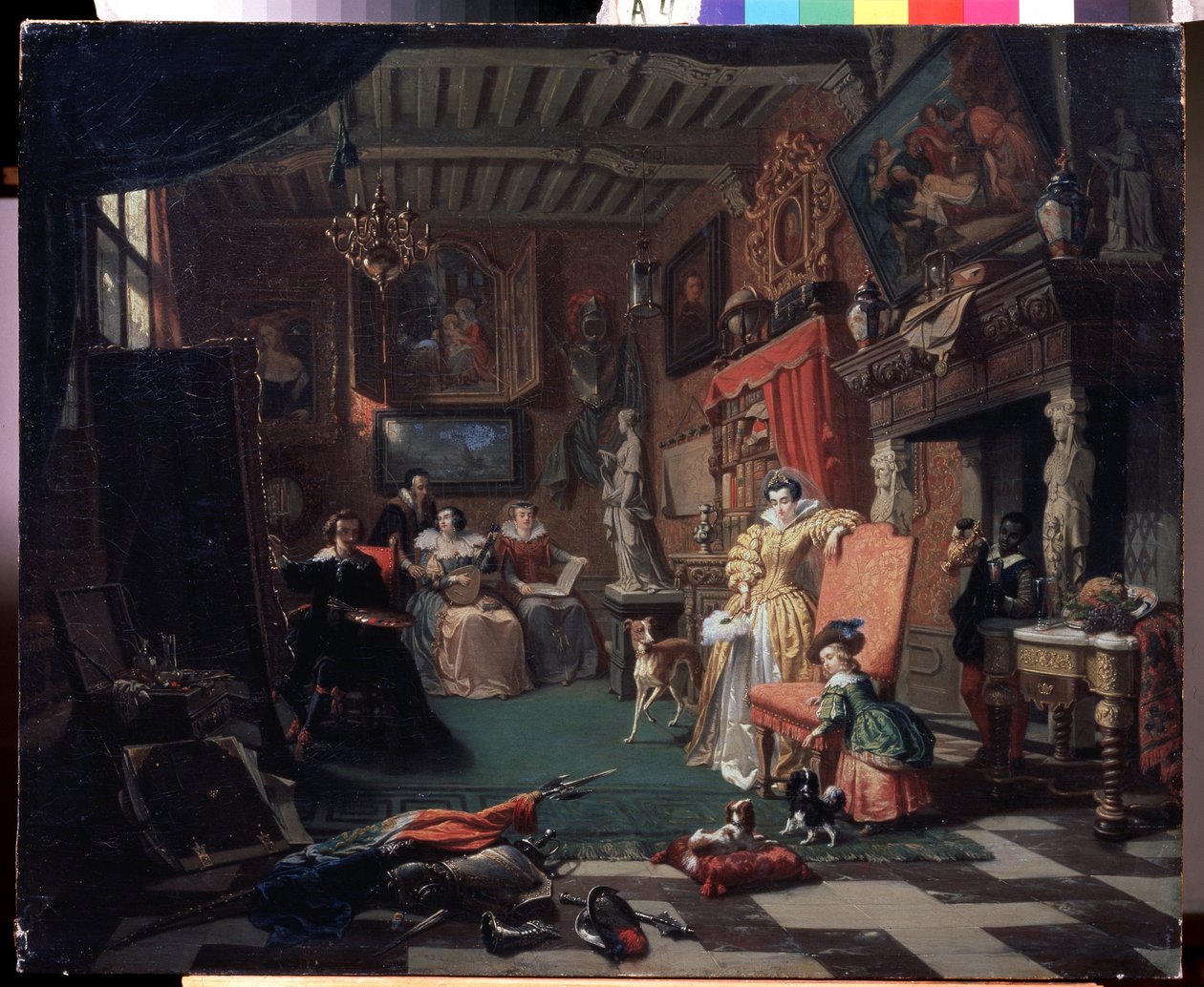 「「肖像画を描く画家アンソニー (アントゥーン) ヴァン ダイク (1599-1641) のスタジオ」」 (サー アントニス ヴァン ダイクが肖像画を描く) Andre Plumot (1829-1906) による絵画 1853 地方美術館、カルーガ ロシア 作： アンドレ・プルモ