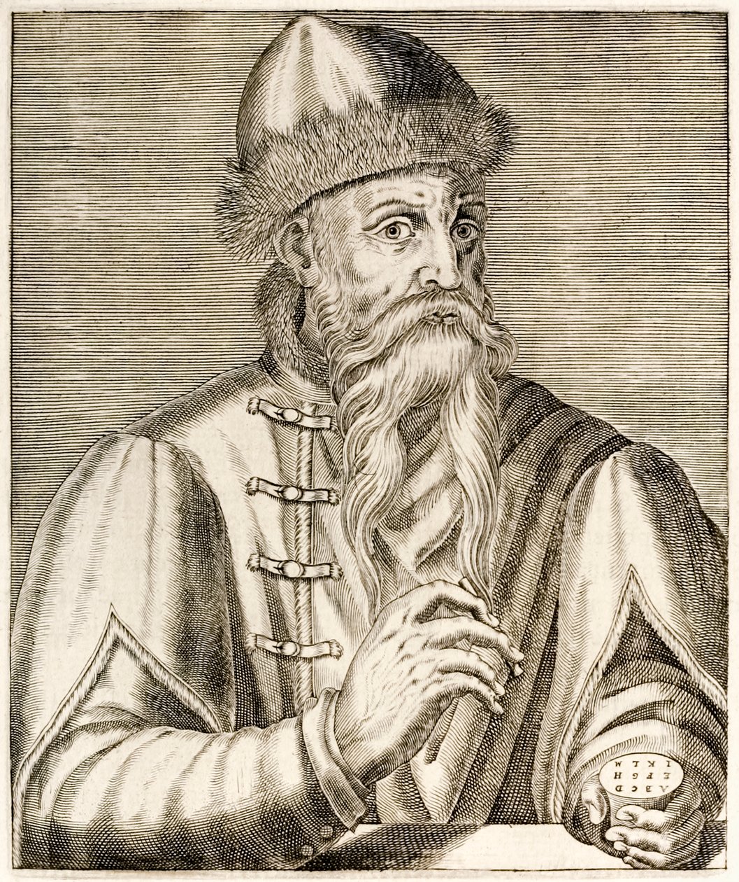 ヨハネスグーテンベルク：1584年に出版されたAndréThévetによるTrue Portraitsから、可動式印刷機の発明者であるドイツの発明家が印刷革命を開始しました 作： アンドレ・テベ