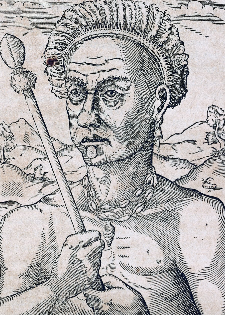 ブラジルのクオニアンベック王、アンドレ・テヴェット（1504-1592）の『万能の宇宙論』からの版画、パリ 作： アンドレ・テベ