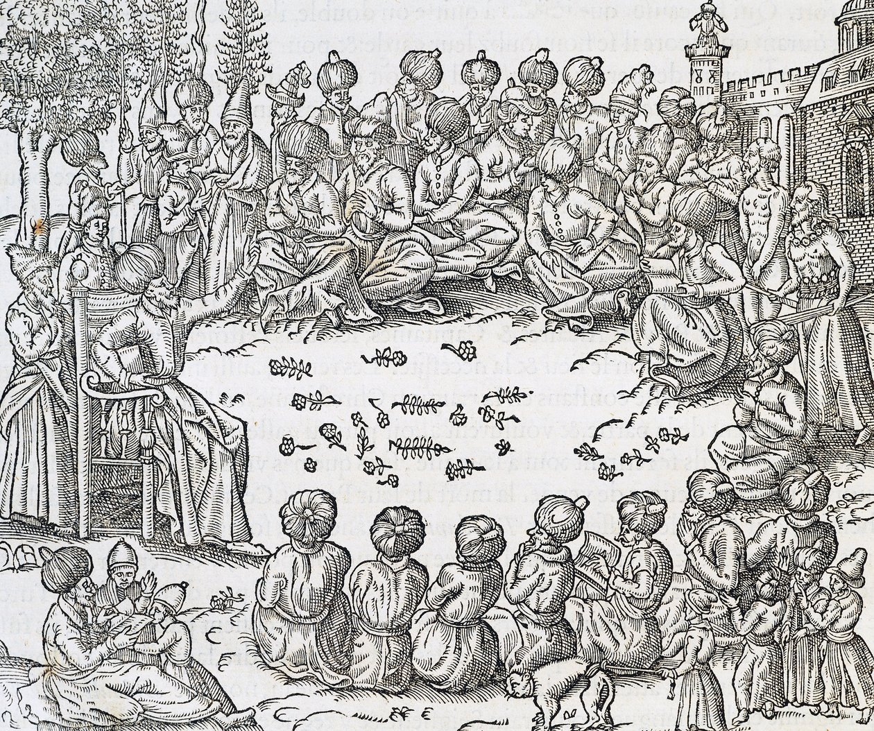 モロッコでのトルコ人とアラブ人の会合、アンドレ・テヴェ（1504-1592）の『普遍的宇宙論』からの版画、パリ 作： アンドレ・テベ