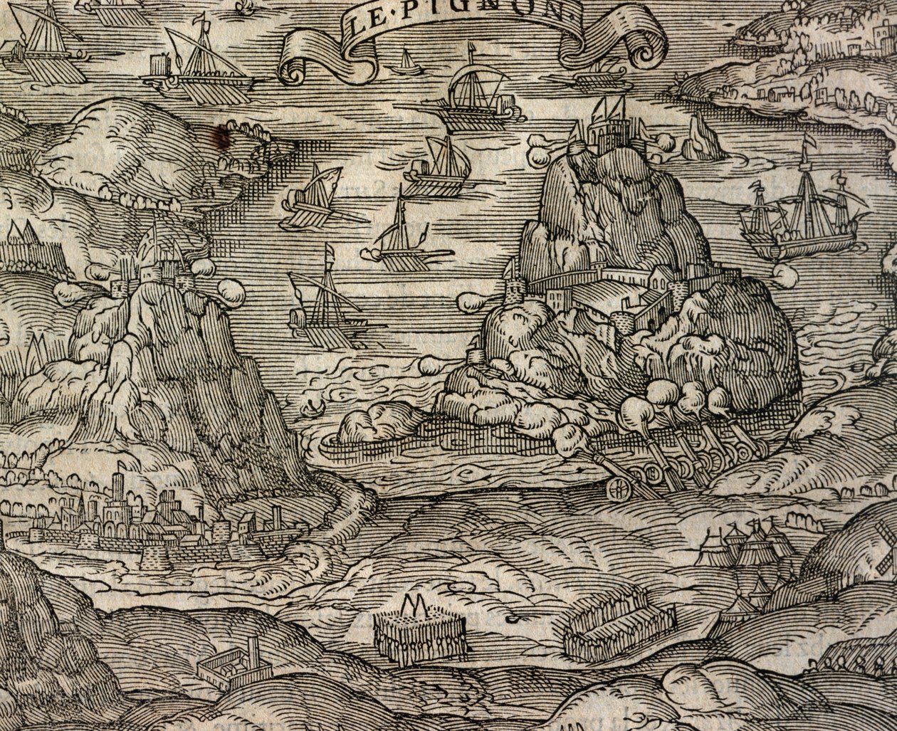 ル・ピニョン島付近での海戦（アンドレ・テヴェ（1504-1592）の『宇宙誌』からの版画）、パリ 作： アンドレ・テベ