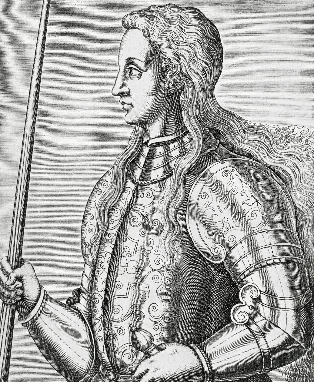 フランスの聖人であり軍事的指導者であったジョーン・オブ・アーク（1412-1431）の肖像、アンドレ・テヴェ（1502-1590）によるエングレーヴィング 作： アンドレ・テベ