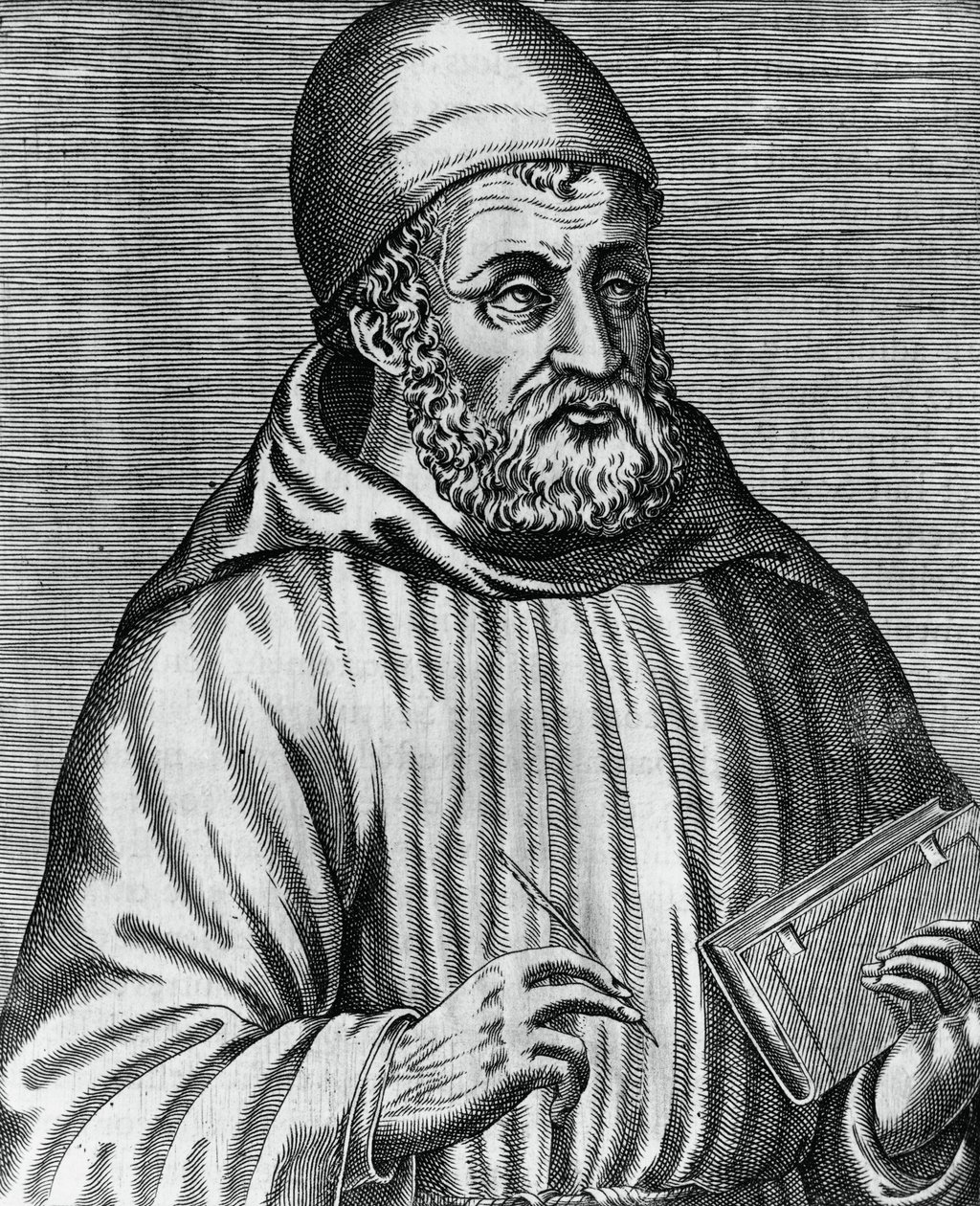 Porträt von John Duns, allgemein bekannt als Duns Scotus (1265 oder 1266-1308), schottischer Philosoph und Theologe, Gravur von Andre Thevet (1504-1592) aus Les vrais pourtraits et vies des hommes illustres grecz, latins et payens von Andre Thevet