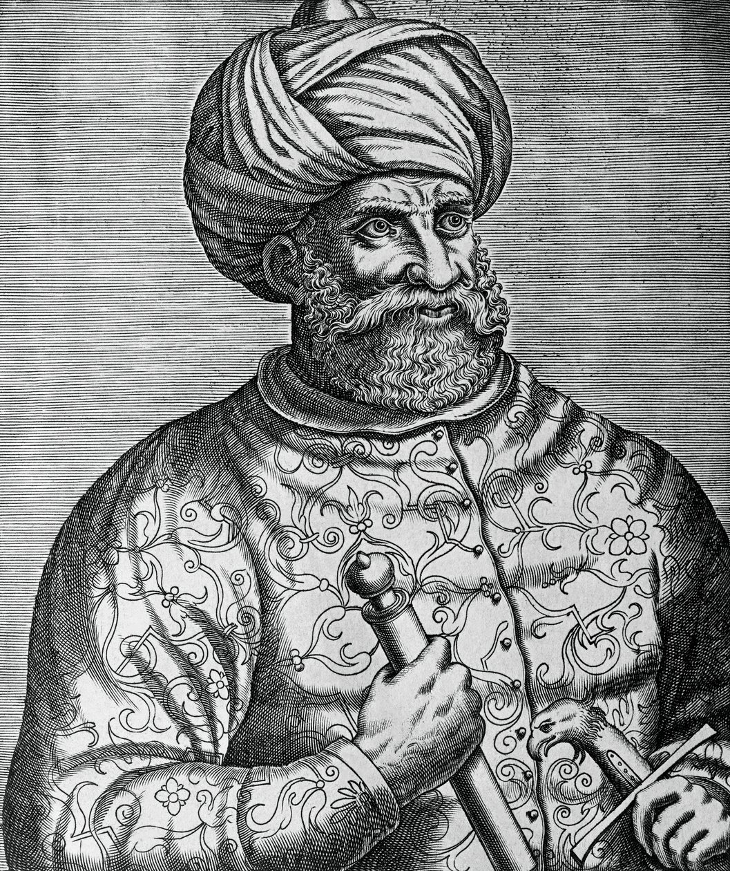 バルバロッサ（1465-1546）と呼ばれたトルコの海賊・提督であるハイル・アル・ディンの肖像、アンドレ・テヴェ（1502-1590）による彫刻 作： アンドレ・テベ