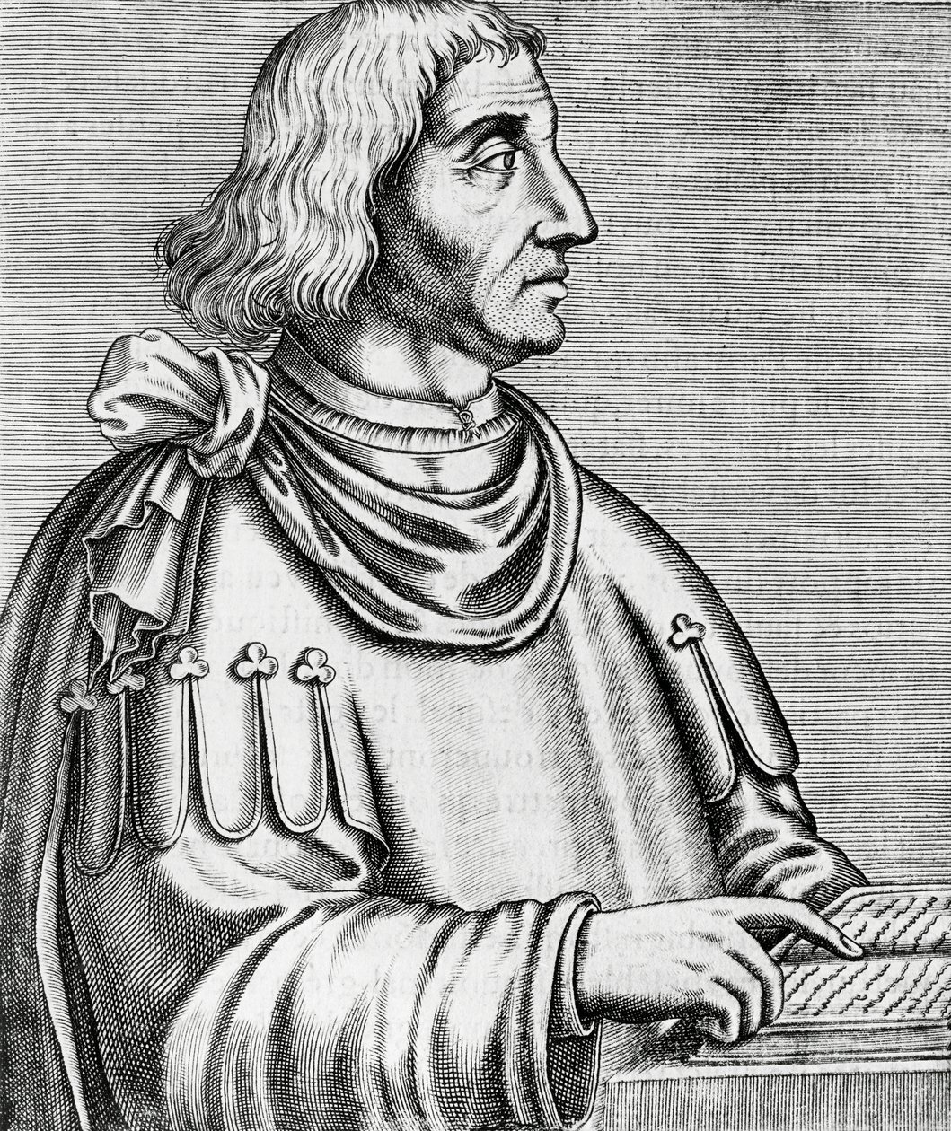 歴史家・外交官Philippes de Commines (about 1445-about 1512)の肖像、『Les Vrais pourtraits et Vies des Hommes illustres』のエングレーヴィング。 作： アンドレ・テベ