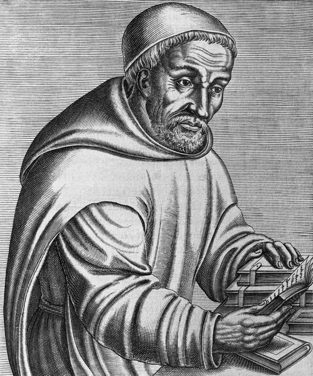 ドイツのベネディクト派修道士で神学者のラバヌス・マウルス・マグネンティウス（856年没）の肖像、アンドレ・テヴェット作「ギリシャ、ラテン、ペイアンの輝かしい人物たちの真実の肖像と人生」の版画 作： アンドレ・テベ