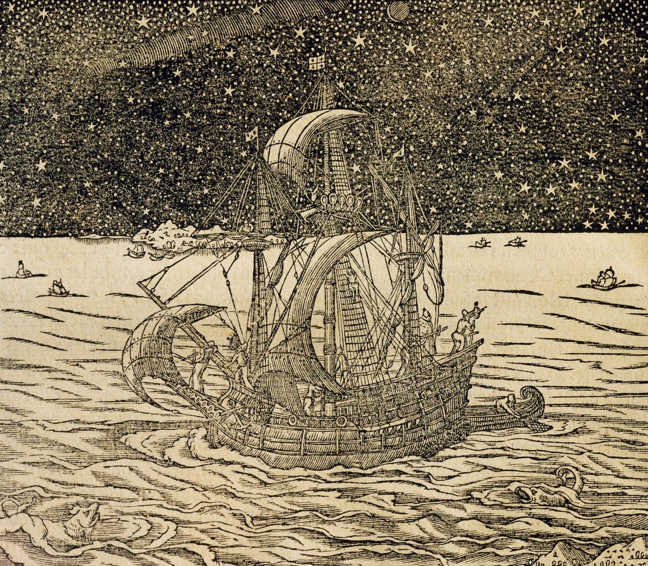 アンドレ・テヴェ（1504-1592）の『万国宇宙論』からの版画「北方航路を行く船乗りたち」、パリ 作： アンドレ・テベ