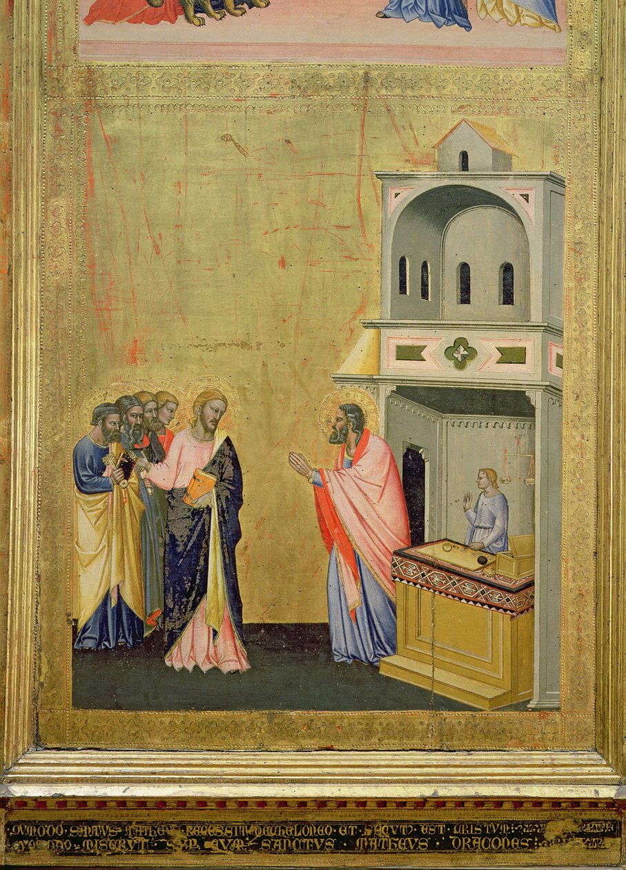 聖マタイの祭壇画からの聖マタイの召命と彼の生涯からの情景、c.1367-70（パネル上のテンペラ） 作： ヤコポ ディ チョーネ
