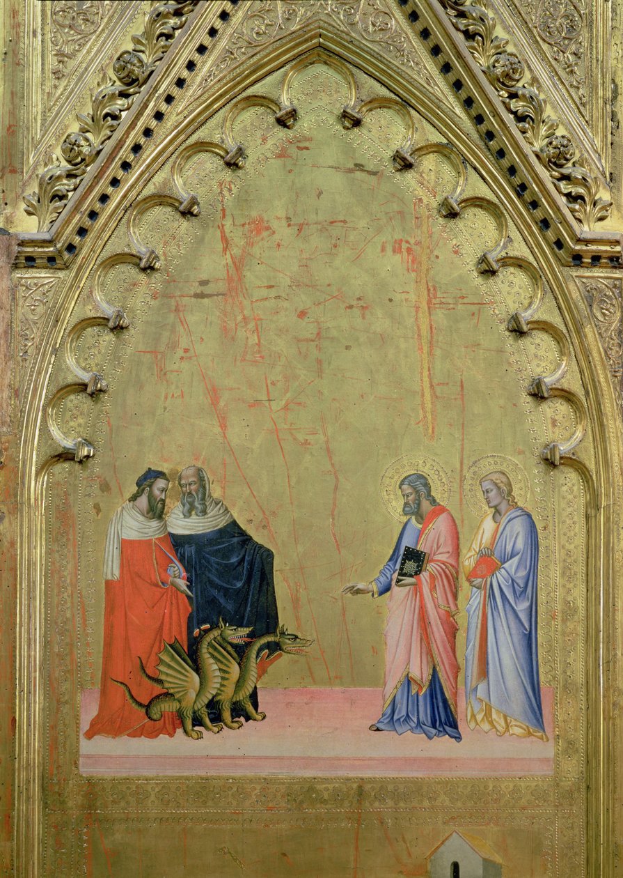 聖マタイの祭壇画と彼の生涯からのシーンからのドラゴンの奇跡、c.1367-70（パネル上のテンペラ） 作： ヤコポ ディ チョーネ