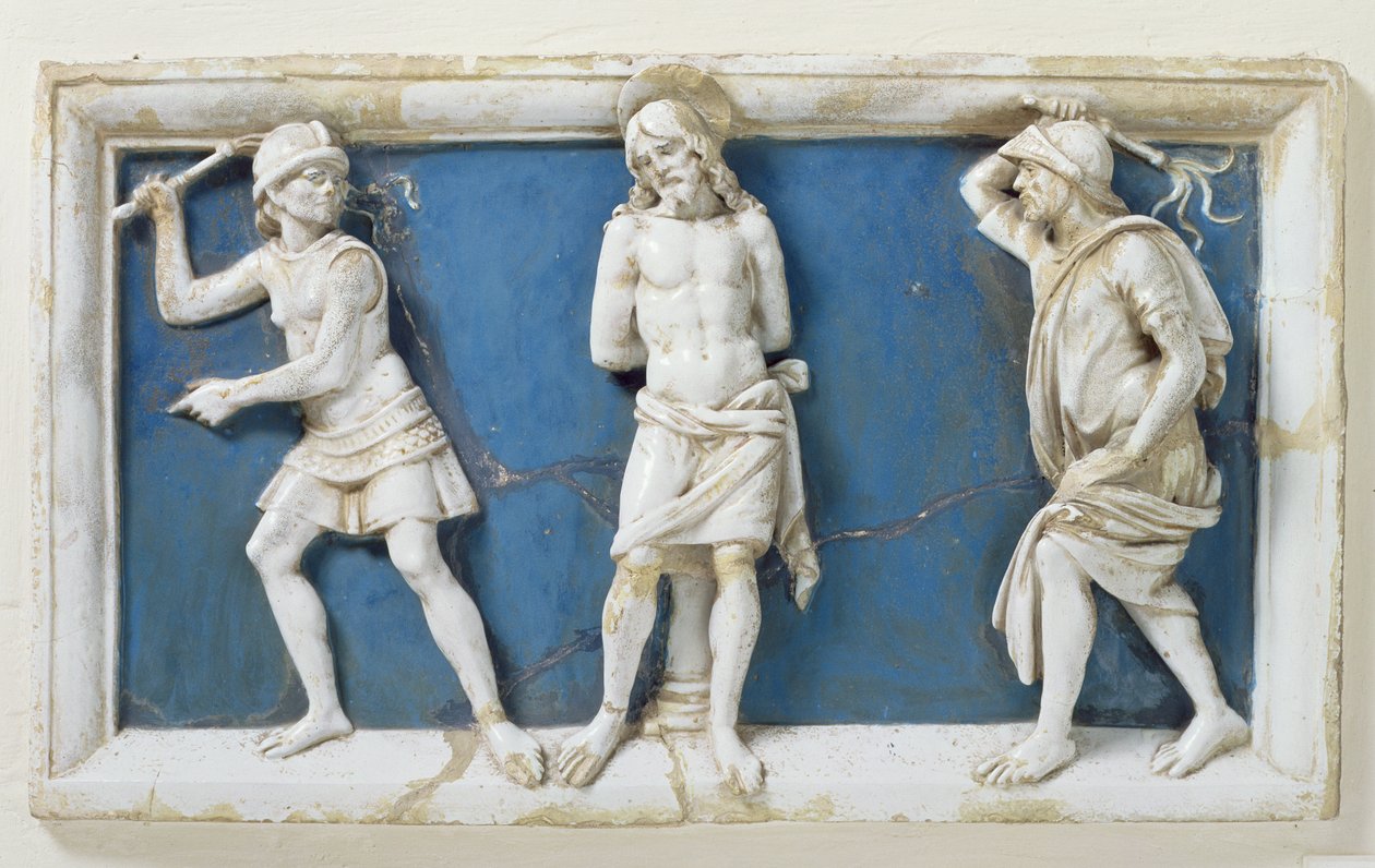 キリストの鞭打ち、1495年（艶をかけられたテラコッタ） 作： アンドレア・デラ・ロッビア
