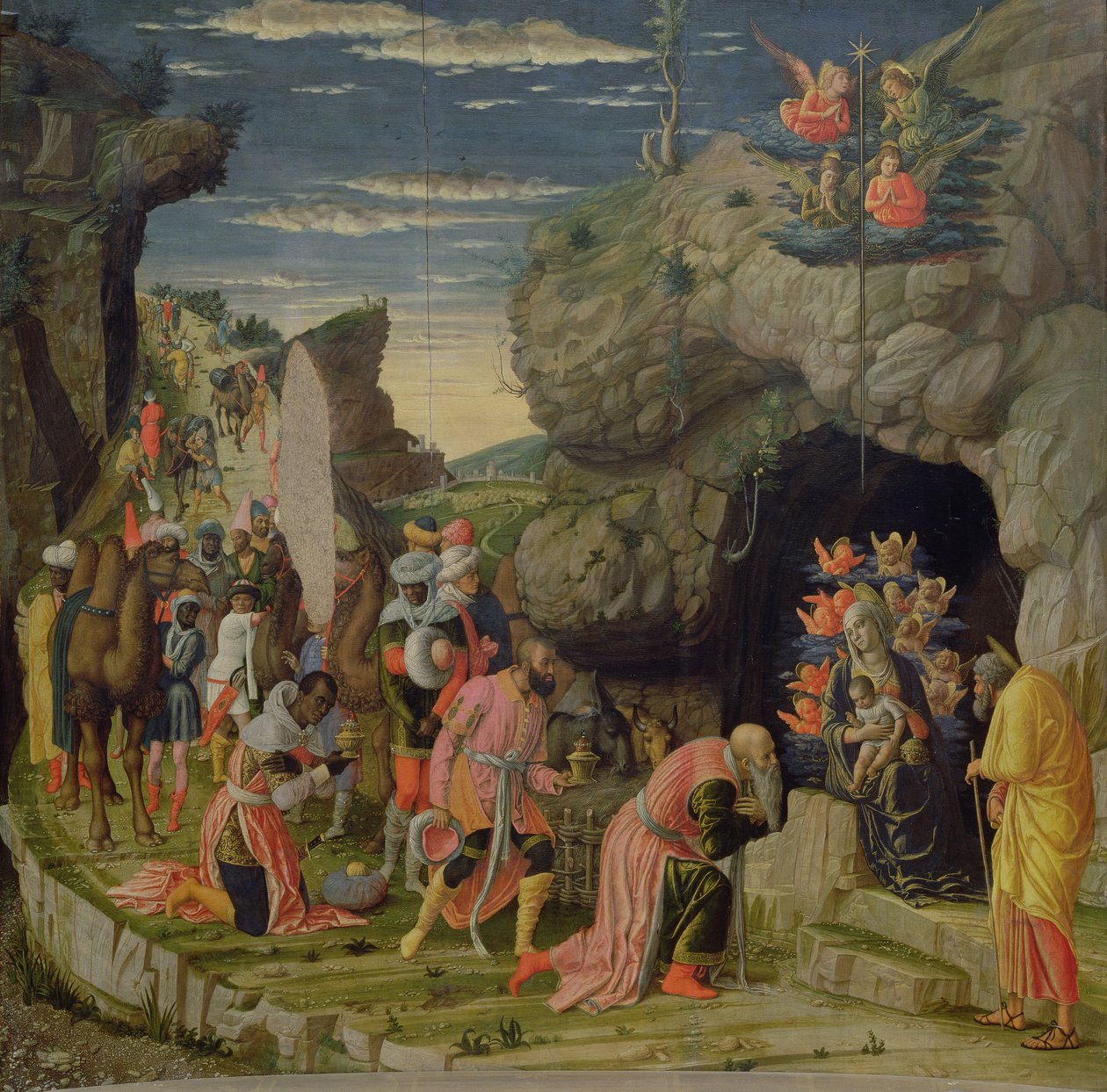祭壇画の中央パネルであるマギの礼拝、1466年頃（パネル上のテンペラ）（50042も参照） 作： アンドレア・マンテーニャ
