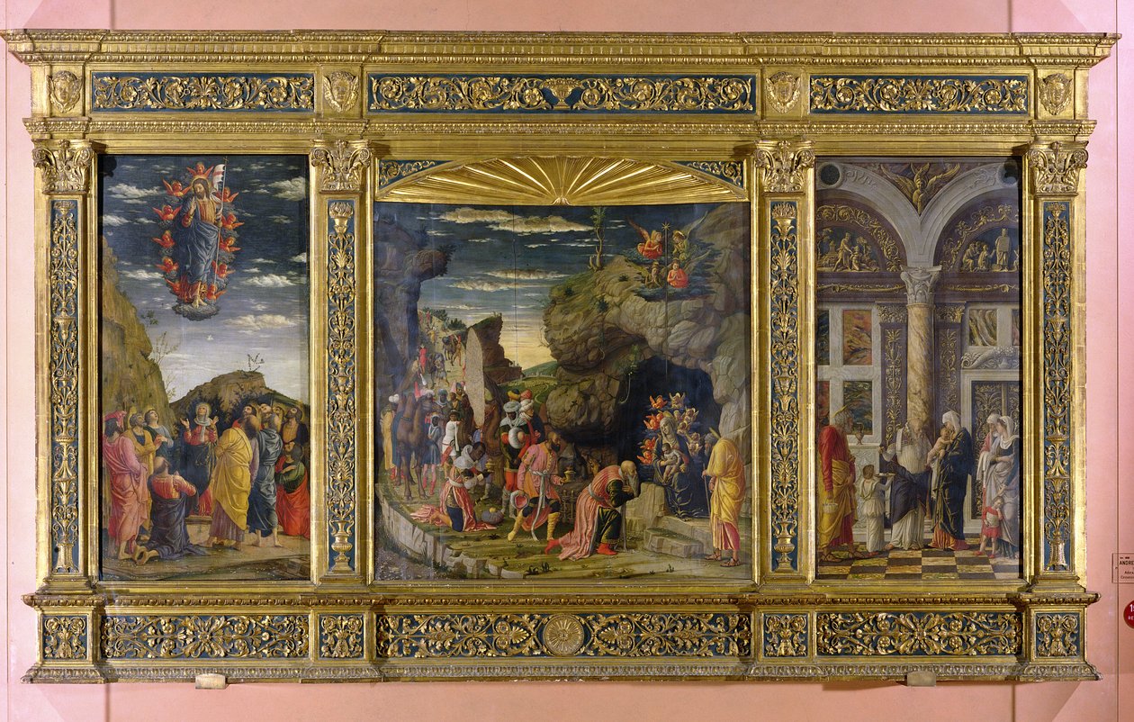 アセンション、マギの崇拝と割礼を描いた祭壇画、c.1463-64（パネル上のテンペラ） 作： アンドレア・マンテーニャ