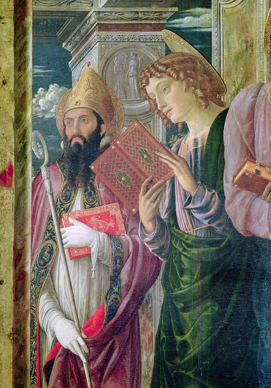 ヴェローナの聖ゼノの祭壇画、1456〜60年の洗礼者ヨハネと聖オーガスティンを描いた左側のパネルの詳細 作： アンドレア・マンテーニャ