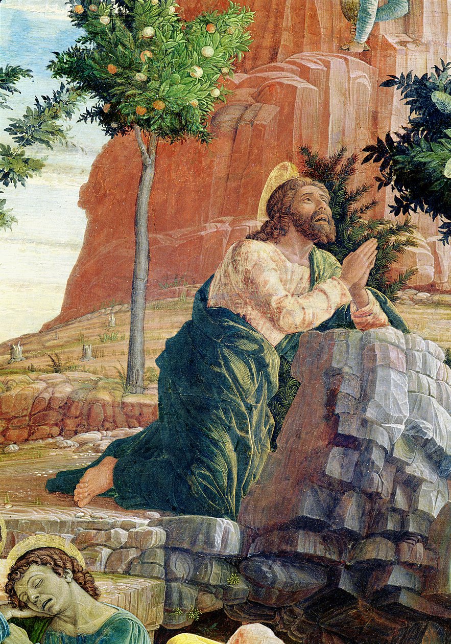 ヴェローナの聖ゼノの祭壇画からの左側のプレデラパネル、庭の苦しみ、1456-60（214241の詳細） 作： アンドレア・マンテーニャ