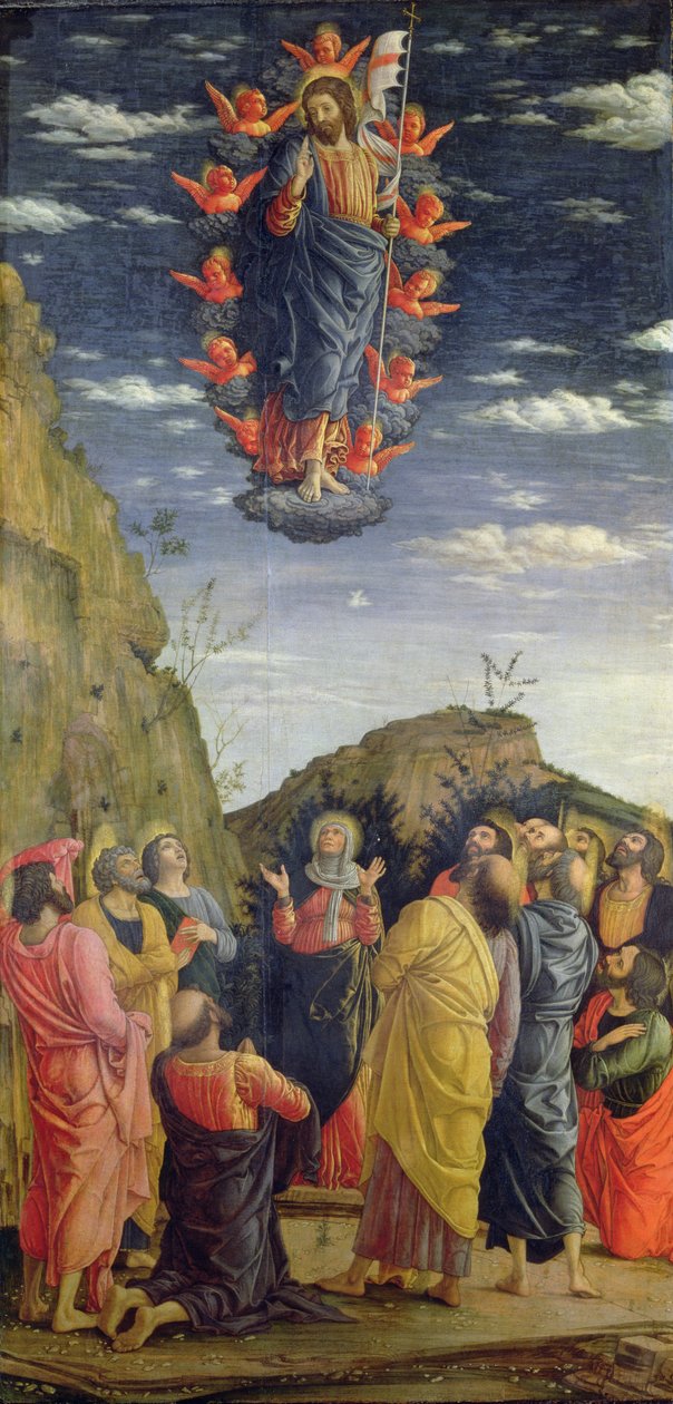 祭壇画のアセンション、左側パネル、c.1466（パネル上のテンペラ）（50042も参照） 作： アンドレア・マンテーニャ