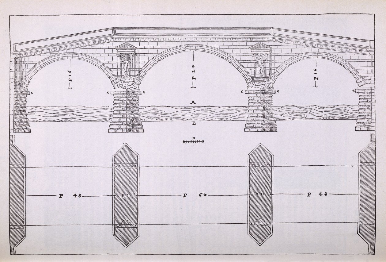 橋の高さ、パラディオによって書かれた「I Quattro Libri dell&39;Architettura」のファクシミリコピーからのイラスト、最初に出版された1570 作： アンドレア・パラディオ