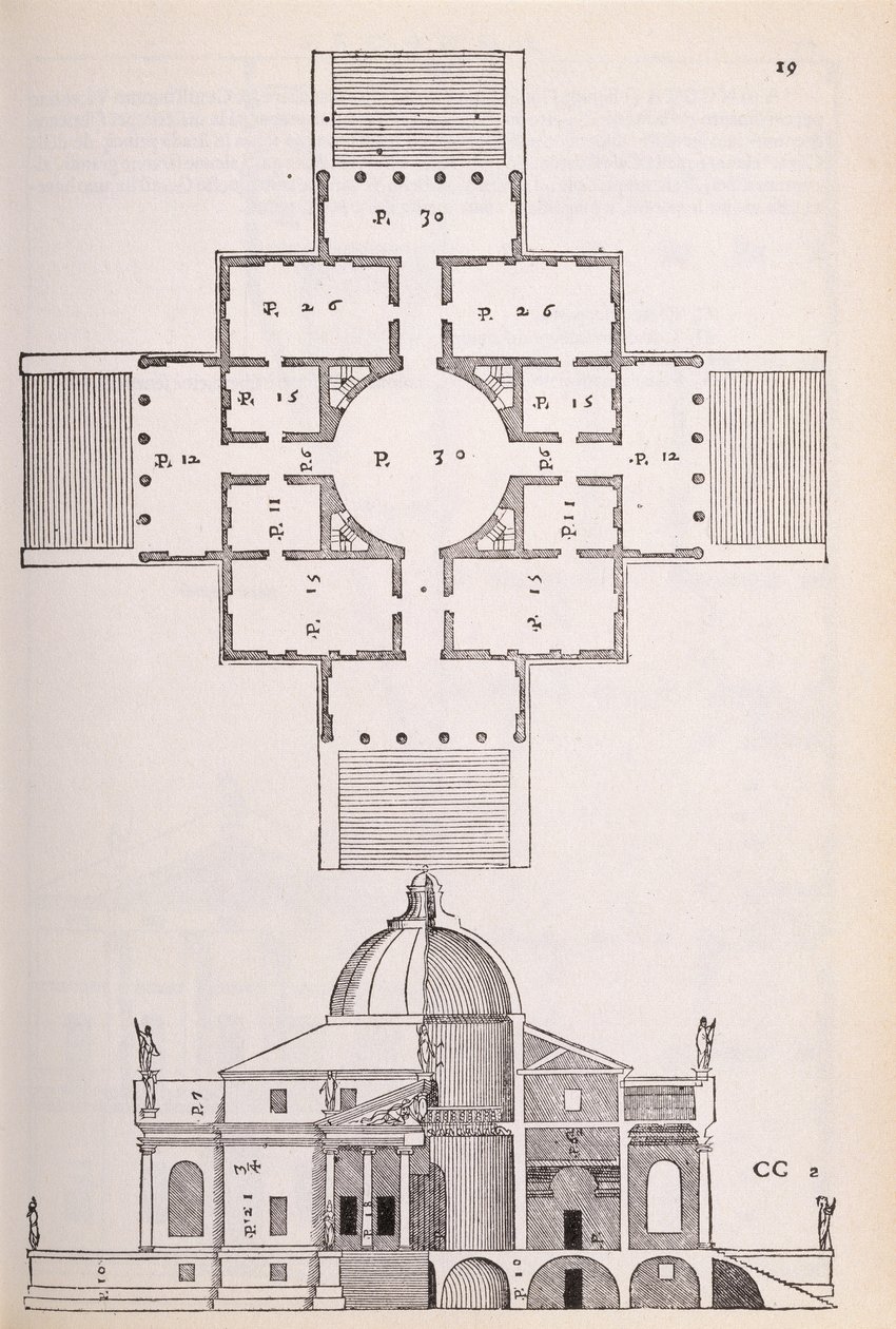 パラディオによって1570年に出版された「I Quattro Libri dell&39;Architettura」のファクシミリコピーからの図、Villa Rotundaの平面図と断面図 作： アンドレア・パラディオ