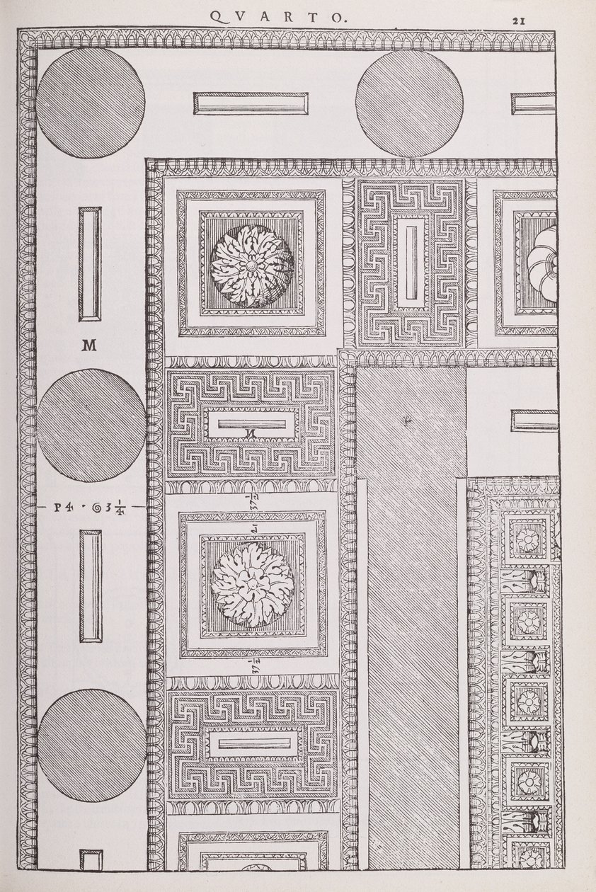 1570年に最初に出版された、Palladioによって書かれた「I Quattro Libri dell&39;Architettura」のファクシミリコピーからの図解、テンピオディマルテヴェンディカトーレの天井の計画 作： アンドレア・パラディオ
