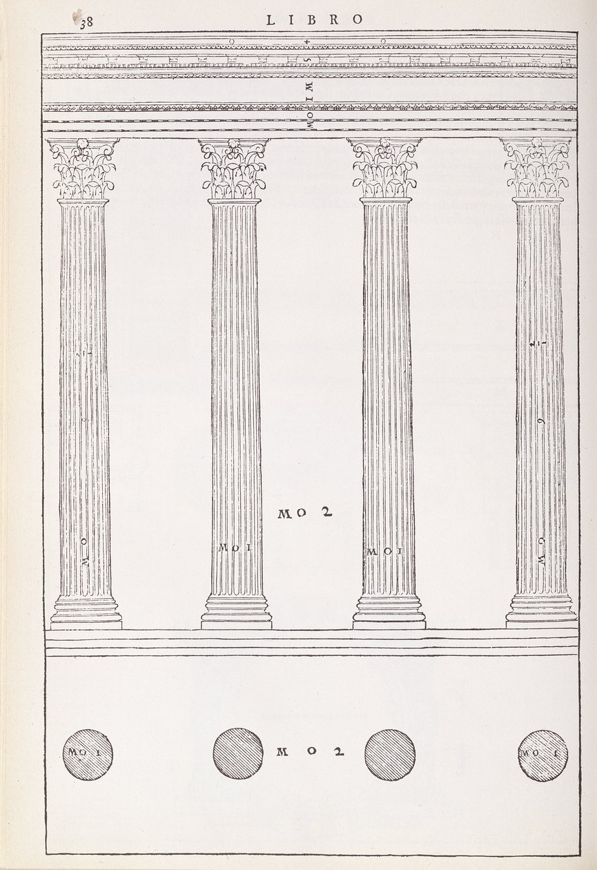 1570年に最初に出版された、Palladioによって書かれた「I Quattro Libri dell&39;Architettura」のファクシミリコピーからのイラスト、コリント式の順序 作： アンドレア・パラディオ
