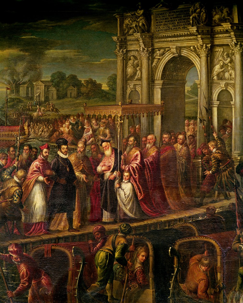 1574年にヴェネツィアを訪れたフランスのアンリ3世（1551-89）で、ドージェアルヴィーゼモセニゴ（1570-77）が付き添い、総主教のジョヴァンニトレビザンが4つのドアの部屋から会った 作： アンドレア) ビセンティーノ